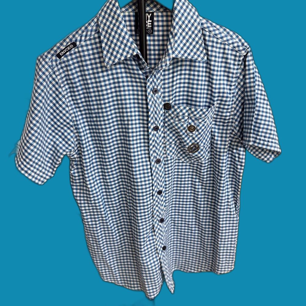ENYCE Button Up Shirt‎ Mens Small Blue White Check Short Sleeve Pocket